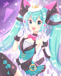 Rule 34 | 1girl, :d, bad id, bad pixiv id, bare shoulders, black thighhighs, blue eyes, blue sky, blue vest, blush, bow, breasts, center frills, commentary request, detached sleeves, double v, frills, gloves, green hair, hair between eyes, hair ornament, hands up, hat, hatsune miku, heart, highres, light (luxiao deng), long hair, long sleeves, magical mirai (vocaloid), magical mirai miku, magical mirai miku (2019), mini hat, mini top hat, open mouth, pleated skirt, purple background, red bow, shirt, single detached sleeve, skirt, sky, small breasts, smile, solo, star (symbol), thighhighs, tilted headwear, top hat, twintails, v, very long hair, vest, vocaloid, white gloves, white hat, white shirt