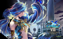 Rule 34 | 10s, 1girl, 2016, artist request, blue hair, breasts, castle, company name, copyright name, dana (ys), closed eyes, falcom, highres, long hair, official art, profile, revealing clothes, sash, smile, solo, spikes, underboob, upper body, ys, ys viii lacrimosa of dana