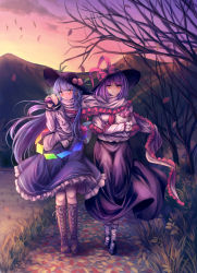 Rule 34 | 2girls, autumn leaves, bad id, bad pixiv id, black footwear, black hat, black skirt, blue hair, blue skirt, blush, boots, bow, brown footwear, capelet, closed mouth, commentary request, cross-laced footwear, food, fruit, grass, hands up, hat, hat bow, highres, hinanawi tenshi, holding, holding food, leaf, long hair, long skirt, long sleeves, maru daizu (aqua6233), mountain, multiple girls, nagae iku, outdoors, path, peach, petticoat, purple hair, red bow, red eyes, road, scarf, shared clothes, shared scarf, shoes, skirt, smile, socks, sweet potato, touhou, very long hair, walking, white legwear, wind
