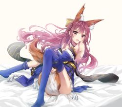 Rule 34 | 1girl, animal ear fluff, animal ears, blanket, blue kimono, blue thighhighs, blush, bow, breasts, cleavage, cosplay, detached collar, detached sleeves, fate/extra, fate/grand order, fate (series), fox ears, fox girl, fox tail, full body, gradient background, gradient hair, hair between eyes, hair bow, japanese clothes, kamikaze (kancolle), kantai collection, kimono, large breasts, long hair, multicolored hair, obi, pink hair, purple eyes, ribbon, sash, sitting, solo, tail, tamamo (fate), tamamo no mae (fate/extra), tamamo no mae (fate/extra) (cosplay), thighhighs, wide sleeves, yazuishou ray, yellow bow, yellow eyes, yellow ribbon