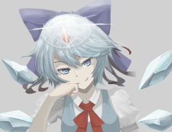 Rule 34 | 1girl, blue bow, blue eyes, blue hair, blue vest, bow, cirno, collared shirt, commentary, crown, eyebrows hidden by hair, fingernails, gem, gradient hair, grey background, hair between eyes, hair bow, hand on own cheek, hand on own face, ice, ice wings, looking at viewer, medium hair, multicolored hair, neckerchief, puffy short sleeves, puffy sleeves, red hair, red neckerchief, shirt, short sleeves, simple background, smirk, solo, split mouth, touhou, upper body, v-shaped eyebrows, vest, white shirt, wings, yongji