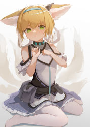 Rule 34 | 1girl, absurdres, animal ears, arknights, bare shoulders, blonde hair, blouse, blue hairband, braid, braided hair rings, commentary request, eyebrows hidden by hair, fang, fox ears, fox girl, fox tail, frilled skirt, frills, green eyes, hair between eyes, hair rings, hairband, hands up, highres, infection monitor (arknights), kitsune, looking at viewer, no shoes, pantyhose, parted lips, purple skirt, shirt, sitting, skirt, solo, suzuran (arknights), tail, twin braids, wariza, white pantyhose, white shirt, zombie ke