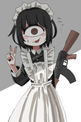 @_@ ak-47 akmymz apron assault_rifle black_dress black_hair black_nails blush_stickers brown_eyes collared_dress cowboy_shot cyclops dress gun kalashnikov_rifle long_sleeves looking_at_viewer maid maid_apron maid_headdress nervous_smile one-eyed open_mouth original rifle smile sweatdrop v weapon weapon_behind_back white_apron