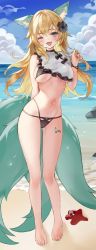 Rule 34 | 1girl, ;d, absurdres, animal ears, artist request, bare shoulders, barefoot, beach, bikini, black bikini, black nails, blonde hair, blue eyes, breasts, commission, day, eungae, fang, flower, fox ears, fox girl, fox tail, full body, hair flower, hair ornament, hand up, highres, kitsune, long hair, long legs, looking at viewer, maplestory, medium breasts, multi-strapped bikini, multiple tails, nail polish, navel, one eye closed, open mouth, original, outdoors, second-party source, smile, solo, standing, stomach, string bikini, swimsuit, tail, thighs