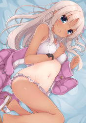 Rule 34 | 1girl, bare arms, bare legs, bare shoulders, bikini, bikini skirt, bikini under clothes, blonde hair, blue eyes, blush, bracelet, breasts, collarbone, commentary request, hair ornament, highres, jacket, jewelry, kantai collection, long hair, long sleeves, looking at viewer, lying, navel, on side, one-piece tan, open mouth, pink jacket, ro-500 (kancolle), sandals, school swimsuit, slippers, small breasts, solar milk, solo, stomach, swimsuit, swimsuit under clothes, tan, tanline, white bikini