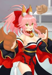 Rule 34 | 1girl, animal, animal ears, animal hands, bell, black thighhighs, breasts, cat, cleavage, collar, fangs, fate/grand order, fate (series), fox ears, fox tail, grumpy cat, hair ribbon, highres, large breasts, long hair, looking at viewer, meme, neck bell, open mouth, pink hair, ribbon, solo, tail, tamamo (fate), tamamo cat (fate), tamamo no mae (fate/extra), thighhighs, yellow eyes
