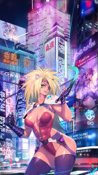 Rule 34 | 1girl, abs, absurdres, animal ears, armor, asymmetrical gloves, blonde hair, breasts, building, cat ears, covered abs, energy blade, facial mark, gloves, highleg, highleg leotard, highres, holding, holding weapon, impossible clothes, leotard, long hair, messy hair, night, ogami, original, outdoors, partially unzipped, scenery, shoulder armor, shoulder pads, skin tight, solo, thighhighs, weapon