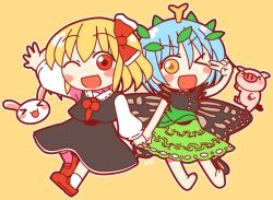 Rule 34 | 2girls, antennae, aqua hair, barefoot, black skirt, black vest, blonde hair, blush stickers, butterfly wings, collared shirt, dress, eternity larva, fairy, green dress, hair between eyes, hair ribbon, insect wings, leaf, leaf on head, long sleeves, multicolored clothes, multicolored dress, multiple girls, one eye closed, open mouth, orange background, red eyes, red footwear, red ribbon, ribbon, rokugou daisuke, rumia, shirt, shoes, short hair, short sleeves, signature, simple background, single strap, skirt, smile, touhou, v, vest, white shirt, wings, yellow eyes
