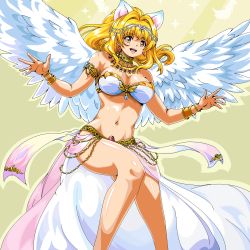 Rule 34 | 1girl, :d, animal ears, armlet, bare legs, bare shoulders, bikini, blonde hair, bracelet, breasts, brown eyes, cat ears, earrings, feathered wings, feathers, highres, invisible chair, jewelry, long hair, looking at viewer, marin (umi monogatari), medium breasts, navel, open mouth, rf (aruehu), simple background, sitting, smile, sparkle, swimsuit, umi monogatari, white wings, wings, yellow background