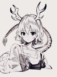 Rule 34 | 1girl, bad id, bad twitter id, bow, closed mouth, collarbone, cropped torso, dragon girl, dragon horns, dragon tail, frown, greyscale, hair between eyes, hanokami, highres, horns, kicchou yachie, monochrome, short hair, simple background, sketch, solo, tail, touhou