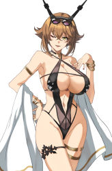 Rule 34 | 1girl, armlet, black one-piece swimsuit, bracelet, breasts, brown hair, choker, crossed bangs, earrings, eyewear on head, hair between eyes, hand on own hip, headgear, huge breasts, jewelry, kantai collection, mutsu (kancolle), nail polish, navel, one-piece swimsuit, one eye closed, open mouth, seven (shijima), short hair, simple background, single earring, solo, sunglasses, sunglasses on head, swimsuit, thigh strap, white background, yellow eyes