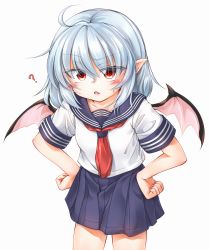 Rule 34 | 1girl, ?, ahoge, alternate costume, bat wings, blue hair, blue sailor collar, blue skirt, blush, collarbone, commentary request, cowboy shot, eyes visible through hair, fang, hair between eyes, hands on own hips, highres, leaning forward, light blue hair, looking at viewer, marukyuu ameya, neckerchief, parted lips, pleated skirt, pointy ears, red eyes, red neckerchief, remilia scarlet, sailor collar, school uniform, serafuku, short hair, short sleeves, simple background, skin fang, skirt, sleeve cuffs, solo, sweatdrop, touhou, white background, wings