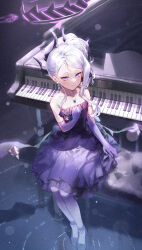 Rule 34 | 1girl, absurdres, black footwear, black horns, blue archive, blush, closed mouth, collarbone, dangle earrings, demon horns, dress, earrings, elbow gloves, eshineko, female focus, gloves, grand piano, halo, highres, hina (blue archive), hina (dress) (blue archive), horns, instrument, jewelry, long hair, multiple horns, official alternate costume, official alternate hairstyle, pantyhose, pendant, piano, piano bench, piano keys, purple dress, purple eyes, purple gloves, purple pantyhose, shoes, sitting, smile, solo, strapless, strapless dress, white hair