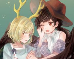 Rule 34 | 2girls, antlers, bare shoulders, blonde hair, blue bow, blue shirt, blush, bow, breasts, brown hair, brown headwear, commentary request, cowboy hat, dress, fingernails, green background, hair between eyes, hand on another&#039;s face, hand up, hands up, hat, horns, kicchou yachie, kurokoma saki, long hair, long sleeves, looking at another, looking at viewer, medium breasts, mozukuzu (manukedori), multicolored clothes, multicolored dress, multiple girls, nail polish, off-shoulder dress, off shoulder, one eye closed, open mouth, pink dress, pink nails, ponytail, puffy short sleeves, puffy sleeves, purple dress, red eyes, scarf, shirt, short hair, short sleeves, simple background, smile, teeth, tongue, touhou, turtle shell, upper body, white scarf, wings