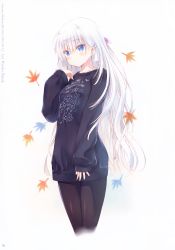 Rule 34 | 1girl, absurdres, autumn leaves, black pantyhose, black sweater, blush, bow, closed mouth, collarbone, copyright name, cropped legs, dress, hair between eyes, hair bow, highres, huge filesize, long hair, long sleeves, na-ga, naruse shiroha, official art, page number, pantyhose, pink bow, print sweater, silver hair, simple background, solo, summer pockets, sweater, sweater dress, very long hair, white background