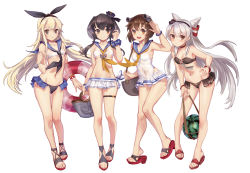 Rule 34 | 4girls, alternate costume, amatsukaze (kancolle), anchor hair ornament, anchor symbol, armband, bag, bare shoulders, bikini, black hair, black neckwear, blonde hair, blush, bracelet, breasts, brown eyes, brown hair, closed mouth, collarbone, commentary request, food, frilled bikini, frilled swimsuit, frills, fruit, gradient hair, grey eyes, grey hair, groin, hair between eyes, hair ornament, hair tubes, hand up, handbag, hat, headgear, high heels, holding, holding swim ring, innertube, jewelry, kantai collection, lifebuoy, long hair, looking at viewer, melon, miniskirt, multicolored hair, multiple girls, navel, necktie, nemo (leafnight), one-piece swimsuit, open mouth, sailor collar, see-through silhouette, shimakaze (kancolle), shoes, short hair, short hair with long locks, sidelocks, simple background, skirt, small breasts, smile, standing, swim ring, swimsuit, thigh strap, tokitsukaze (kancolle), two side up, white background, yellow neckwear, yukikaze (kancolle)