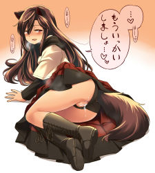 Rule 34 | 1girl, aftersex, animal ears, bar censor, black footwear, black panties, blush, boots, brown hair, censored, clothing aside, cross-laced footwear, cum, cum in pussy, dress, full body, hair between eyes, half-closed eyes, highres, imaizumi kagerou, lace-up boots, light smile, long sleeves, looking at viewer, on ground, panties, panties aside, pussy, red eyes, solo, tail, tears, touhou, translated, two-tone background, underwear, wolf ears, wolf tail, yudepii