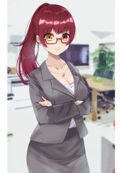 Rule 34 | 1girl, absurdres, alternate costume, alternate hairstyle, bespectacled, blush, breast hold, breasts, cleavage, closed mouth, collarbone, crossed arms, earrings, formal, glasses, haru yu, heart, heart necklace, heterochromia, highres, hololive, houshou marine, indoors, jewelry, large breasts, lips, long hair, long sleeves, looking at viewer, necklace, office lady, ponytail, rectangular eyewear, red-framed eyewear, red eyes, red hair, semi-rimless eyewear, smile, solo, suit, under-rim eyewear, virtual youtuber, yellow eyes