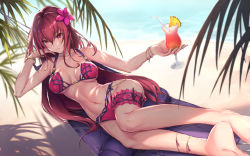 Rule 34 | 1girl, bangle, bare legs, bare shoulders, barefoot, beach, bendy straw, bikini, blurry, blurry background, bracelet, breasts, closed mouth, collarbone, commentary request, cup, cupping glass, day, depth of field, drink, drinking glass, drinking straw, fate/grand order, fate (series), flower, hair between eyes, hair flower, hair ornament, hammock, hand up, jewelry, long hair, looking at viewer, medium breasts, navel, ocean, outdoors, palm tree, parfaitlate, purple bikini, purple flower, red eyes, red hair, sand, scathach (fate), scathach (fate/grand order), scathach (swimsuit assassin) (fate), shade, shadow, soles, solo, swimsuit, tree, very long hair, water