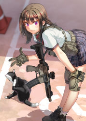 Rule 34 | assault rifle, blurry, blush, brown hair, cat, commentary, depth of field, from above, gloves, gun, knee pads, kws, leaning forward, load bearing vest, looking to the side, m4 carbine, military, original, pleated skirt, purple eyes, rifle, school uniform, signature, skirt, smile, weapon