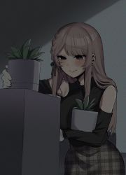 Rule 34 | 1girl, absurdres, blush, braid, brown hair, closed mouth, crop top, darkness, detached sleeves, hair ribbon, highres, holding, long hair, long sleeves, original, plant, potted plant, ribbon, semimaru (user zzuy5884), sidelocks, single braid, skirt, smile, solo