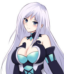 Rule 34 | 1girl, bare shoulders, blue eyes, blush, breasts, choujigen game neptune, chrom (neptunia), cleavage, detached collar, detached sleeves, highres, large breasts, long hair, looking at viewer, neptune (series), seshiro (which501), silver hair, smile, solo, spoilers, upper body, very long hair