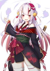 Rule 34 | 1girl, absurdres, bell, black kimono, blunt bangs, blush, collarbone, commentary request, cowboy shot, eyelashes, fang, floral print, ghost, gold trim, gradient hair, hair between eyes, hair ornament, hand up, highres, hololive, horns, japanese clothes, kimono, kouhaku nawa, long hair, long sleeves, looking at viewer, mask, mask on head, multicolored hair, nakiri ayame, nakiri ayame (1st costume), obi, off shoulder, oni, oni mask, open mouth, pink hair, red eyes, ringopan, rope, sash, shimenawa, sidelocks, silver hair, simple background, skin-covered horns, solo, spider lily print, standing, streaked hair, sword, thighhighs, thighs, virtual youtuber, weapon, white background, white thighhighs, wide sleeves