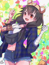 Rule 34 | 1girl, :d, absurdres, animal ear headwear, animal ears, anotherplus, artist name, bag, bandaged arm, bandages, bear ears, black bag, black hair, blue shirt, blue shorts, bow, breasts, brown footwear, brown hairband, butterfly background, chromatic aberration, clenched hands, collarbone, commentary, cowboy shot, crop top, cutoffs, denim, denim shorts, excited, fake animal ears, fanny pack, film grain, foot up, green shirt, hair between eyes, hair bow, hair ribbon, hairband, highres, id card, kanbaru suruga, lanyard, long hair, long sleeves, looking at viewer, low twintails, medium breasts, midriff, monogatari (series), monogatari series puc puc, navel, open clothes, open mouth, open shirt, overshirt, plaid, plaid shirt, purple bow, purple ribbon, red eyes, ribbon, shirt, short shorts, shorts, shoulder bag, signature, smile, solo, standing, standing on one leg, stuffed animal, stuffed toy, teddy bear, thigh gap, twintails, two-tone shirt, unmoving pattern, w arms, white shirt