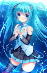 Rule 34 | 1girl, air bubble, bare shoulders, black skirt, black sleeves, black thighhighs, blue eyes, blue hair, blush, breasts, bubble, closed mouth, collared shirt, commentary request, day, detached sleeves, eighth note, feet out of frame, hands up, hatsune miku, highres, long hair, long sleeves, looking at viewer, musical note, outdoors, pleated skirt, shirt, skirt, sleeveless, sleeveless shirt, small breasts, smile, solo, thighhighs, twintails, umitonakai, underwater, very long hair, vocaloid, water, white shirt