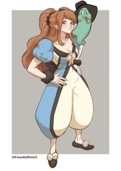 Rule 34 | 1girl, 1other, blue eyes, breasts, brown hair, charlotte pudding, dress, extra eyes, hands on own hips, highres, homie (one piece), lips, long hair, nitro (one piece), one piece, pants, rita ya, smile, solo, standing, twintails, very long hair