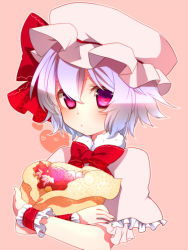 Rule 34 | 1girl, :/, bad id, bad pixiv id, bouquet, bow, crossed arms, female focus, flower, hat, light purple hair, looking at viewer, red eyes, remilia scarlet, short hair, simple background, solo, touhou, upper body, wrist cuffs, yutazou