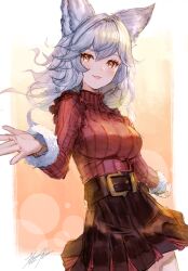 Rule 34 | 1girl, :3, animal ears, belt, black skirt, blush, breasts, brown eyes, cat ears, cowboy shot, dated, granblue fantasy, grey hair, highres, long hair, long sleeves, looking at viewer, medium breasts, open mouth, outstretched arm, punished pigeon, red sweater, sen (granblue fantasy), signature, skirt, smile, solo, sweater