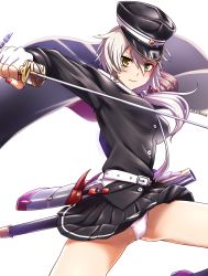 Rule 34 | 1girl, absurdres, armor, azur lane, belt, black cape, black hat, black jacket, black skirt, breasts, cameltoe, cape, chain, character name, closed mouth, commentary request, cowboy shot, eyebrows hidden by hair, eyeliner, fingerless gloves, floating hair, gloves, grey gloves, hair between eyes, hat, highres, holding, holding sheath, holding sword, holding weapon, jacket, japanese armor, katana, kinu (azur lane), kobamiso (kobalt), looking at viewer, low ponytail, makeup, medium breasts, medium hair, military, military hat, military uniform, multicolored cape, multicolored clothes, nail polish, panties, pantyshot, peaked cap, pleated skirt, red cape, red nails, serious, sheath, shoulder armor, sidelocks, silver hair, skirt, sode, solo, standing, suneate, sword, thighs, underwear, uniform, weapon, white background, white panties, yellow eyes