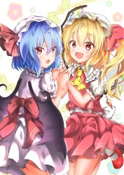 Rule 34 | 2girls, :d, :o, ascot, bat wings, blonde hair, blue hair, blush, buttons, commentary request, cowboy shot, crystal, fang, flandre scarlet, floral background, frilled shirt collar, frilled sleeves, frills, frown, glint, hair between eyes, hands up, hat, hat ribbon, highres, holding hands, leg up, long hair, looking at viewer, looking back, madotsukumo, mary janes, miniskirt, mob cap, multiple girls, one side up, open mouth, pink ribbon, pink skirt, pink vest, puffy short sleeves, puffy sleeves, red eyes, red footwear, red ribbon, remilia scarlet, ribbon, shirt, shirt tucked in, shoes, short hair, short sleeves, skirt, skirt set, smile, socks, standing, standing on one leg, touhou, v-shaped eyebrows, vest, white background, white hat, white legwear, white shirt, white skirt, wings, yellow ascot