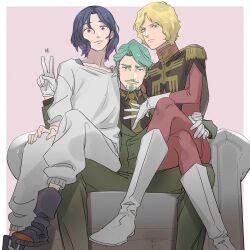 3boys beard blonde_hair blue_eyes blue_hair border boy_sandwich challia_bull char_aznable collared_shirt colored_inner_hair couch facial_hair feet_out_of_frame gloves green_eyes green_hair gundam gundam_gquuuuuux highres jacket long_sleeves looking_at_viewer male_focus military_uniform mrtoen multicolored_hair multiple_boys mustache necktie on_couch pink_background purple_hair red_eyes sandwiched shirt short_hair shuji_ito simple_background sitting sitting_on_lap sitting_on_person two-tone_hair v white_border white_shirt yaoi