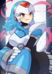 Rule 34 | 1girl, blue hair, breasts, character request, clenched teeth, highres, large breasts, long hair, mega man (series), mega man x (series), parted lips, red eyes, solo, teeth, tobitori