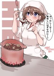 Rule 34 | 1girl, absurdres, bandana, brown hair, character name, commentary request, cooking, cooking pot, cowboy shot, flipped hair, green skirt, hiei (kancolle), highres, holding, holding ladle, japanese clothes, kantai collection, kitahama (siroimakeinu831), ladle, looking at viewer, one-hour drawing challenge, purple eyes, short hair, skirt, solo, translation request, twitter username, white background, white bandana