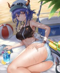 Rule 34 | 1girl, arknights, ass, ball, bare arms, bare shoulders, baseball cap, beachball, blue hair, book, breasts, brown eyes, ch&#039;en (arknights), ch'en (arknights), commentary, cooler, cup, dragon horns, dragon tail, drinking glass, eyewear on head, feet out of frame, female tourist c (arknights), food, fruit, great lungmen logo, hat, highres, horns, horns through headwear, large breasts, lemon, lemon slice, long hair, looking at viewer, official alternate costume, shadow, sidelocks, solo, stomach, sunglasses, sunglasses on head, tail, thighs, v-shaped eyebrows, watch, water gun, woodpecker (alsdndlekd), wristwatch