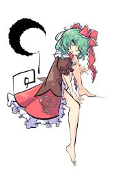 Rule 34 | 1girl, crescent, full body, green eyes, green hair, highres, kagiyama hina, looking at viewer, medium hair, one-hour drawing challenge, primsla, red ribbon, red skirt, ribbon, simple background, sitting, skirt, solo, touhou, white background