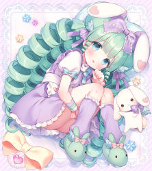 Rule 34 | 1girl, :d, animal, animal ears, animal slippers, ass, blue bow, blue eyes, blush, bow, bunny slippers, commission, diagonal stripes, drill hair, frilled skirt, frills, green footwear, green hair, hand up, heart, highres, kneehighs, long hair, looking at viewer, loose socks, lying, miruku (cutesuu), on side, open mouth, original, pixiv commission, puffy short sleeves, puffy sleeves, purple skirt, purple socks, rabbit, rabbit ears, shirt, short sleeves, skirt, slippers, smile, socks, solo, striped, striped background, suspender skirt, suspenders, usashiro mani, very long hair, white shirt, wrist cuffs