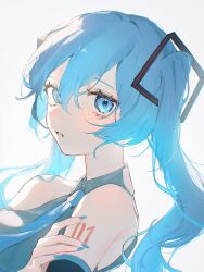 Rule 34 | 1girl, arm tattoo, blue eyes, blue hair, blue nails, blue necktie, close-up, commentary, detached sleeves, grey shirt, hair between eyes, hatsune miku, highres, looking at viewer, machida 0906, necktie, profile, shirt, simple background, sleeveless, sleeveless shirt, solo, tattoo, twintails, vocaloid, white background
