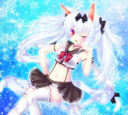 Rule 34 | animal ears, azur lane, bad id, bad twitter id, blush, breasts, cat ears, cat tail, fang, hair ribbon, long hair, looking at viewer, midriff, mikoto r a, navel, one eye closed, open mouth, red eyes, ribbon, silver hair, snowflakes, solo, tail, thighhighs, twintails, yukikaze (azur lane)