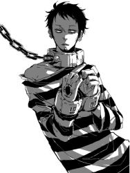 Rule 34 | 1boy, alternate costume, bound, bound wrists, chain, chained, collar, cuffs, earrings, facial hair, goatee, handcuffs, impel down, jewelry, male focus, monochrome, off shoulder, one piece, prisoner, simple background, solo, striped, tied up, trafalgar law