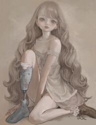 Rule 34 | 12yun30, 1girl, amputee, bandaid, bandaid on hand, bare shoulders, blush, boots, brown footwear, commission, dress, flat chest, floral print, freckles, grey background, grey eyes, grey hair, highres, knee up, lips, long hair, looking at viewer, original, prosthesis, prosthetic leg, sitting, skeb commission, sleeveless, sleeveless dress, solo, very long hair, wavy hair, white dress