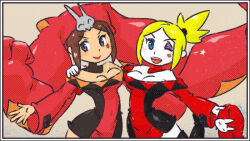 Rule 34 | 2girls, alternate color, blonde hair, blue eyes, boots, brown hair, cerebella (skullgirls), detached collar, dual persona, eyeshadow, hand on another&#039;s shoulder, hat, unworn hat, unworn headwear, makeup, minawa108, multiple girls, one eye closed, open mouth, outstretched arm, ponytail, red lips, skirt, skullgirls, smile, thigh boots, vice-versa (skullgirls), wink