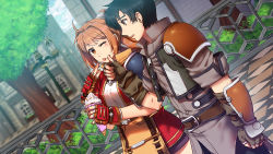 Rule 34 | 1boy, 1girl, ahoge, armor, belt, black hair, bracer, breasts, brown hair, building, clenched hand, coat, cowboy shot, dress, dutch angle, eiyuu densetsu, estelle bright, fingerless gloves, food, gloves, hand on another&#039;s face, hand to own mouth, highres, ice cream, jacket, joshua bright, kanoir, lamppost, looking at another, medium breasts, one eye closed, open mouth, orange eyes, profile, railing, short dress, short hair, shoulder armor, sora no kiseki, tongue, tongue out, tree, twintails, walking, wiping face, yellow eyes, zipper