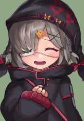 Rule 34 | 1girl, arknights, black hat, black jacket, braid, buchi0122, clenched hand, closed eyes, eyepatch, green background, grey hair, hair ornament, hairclip, hat, highres, jacket, long sleeves, medical eyepatch, one eye covered, open mouth, popukar (arknights), rabbit hair ornament, solo, upper body, x hair ornament