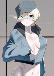 Rule 34 | 1girl, baseball cap, blonde hair, blue eyes, bottomless, breasts, girls und panzer, hat, highres, jacket, keizoku military uniform, large breasts, looking at viewer, mochi (mochiokomet), navel, no panties, open clothes, open jacket, short hair, solo, unzipped, youko (girls und panzer)