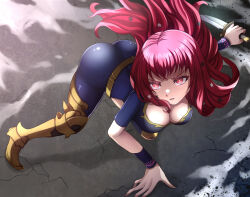 Rule 34 | 1girl, all fours, ass, bodysuit, breasts, cleavage, commentary request, dagger, facial mark, fire emblem, fire emblem engage, graves, highres, holding, holding dagger, holding knife, holding weapon, knife, large breasts, nintendo, parted lips, red eyes, red hair, solo, star (symbol), thighs, weapon, wristband, yozu (yozu0420), yunaka (fire emblem)
