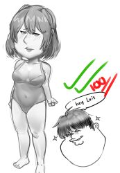 Rule 34 | 1boy, 1girl, absurdres, character request, cleft chin, copyright request, cosplay, double chin, family guy, fat, fat man, greyscale, highres, kowai (iamkowai), lois griffin, monochrome, one-piece swimsuit, peter griffin, short hair, sketch, swimsuit